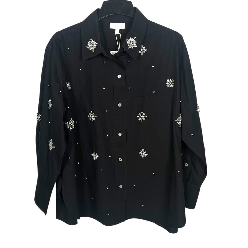 Le AL.X Women's Size Large Black Embellished Cotton Button-Up Shirt Festive